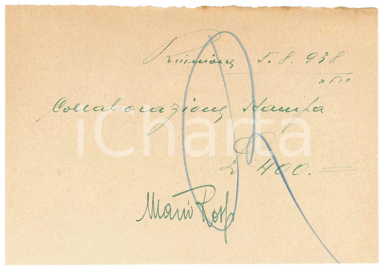 1938 CICLISMO MILANO Ricevuta Mario ROSSI per collaborazione stampa  ^AUTOGRAFO