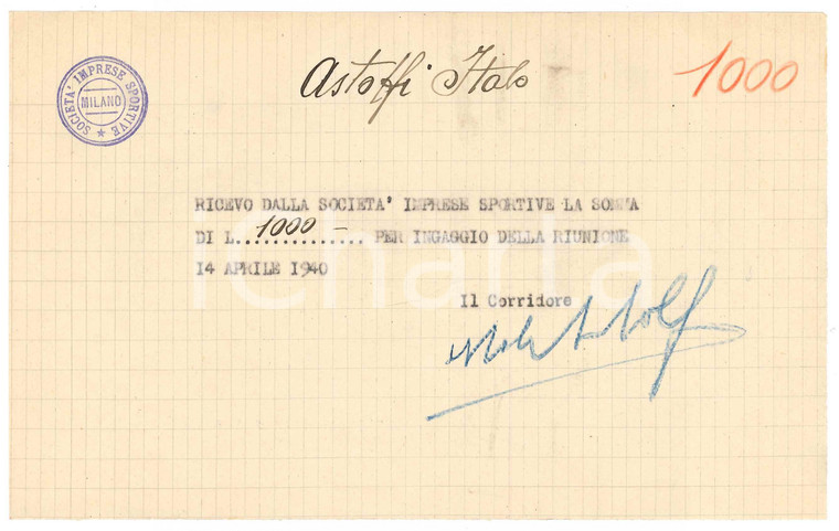 1940 CICLISMO MILANO Ricevuta Italo ASTOLFI - Ingaggio ^AUTOGRAFO