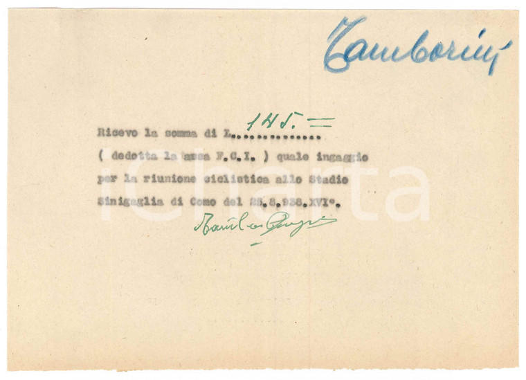 1938 CICLISMO COMO Ricevuta Giorgio TAMBORINI- Stadio Sinigaglia *AUTOGRAFO