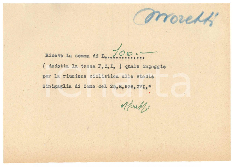 1938 CICLISMO COMO Ricevuta Carlo MORETTI - Stadio Sinigaglia *AUTOGRAFO