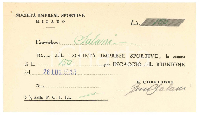 1940 CICLISMO MILANO Ricevuta Gino SALANI - Ingaggio VIGORELLI - AUTOGRAFO