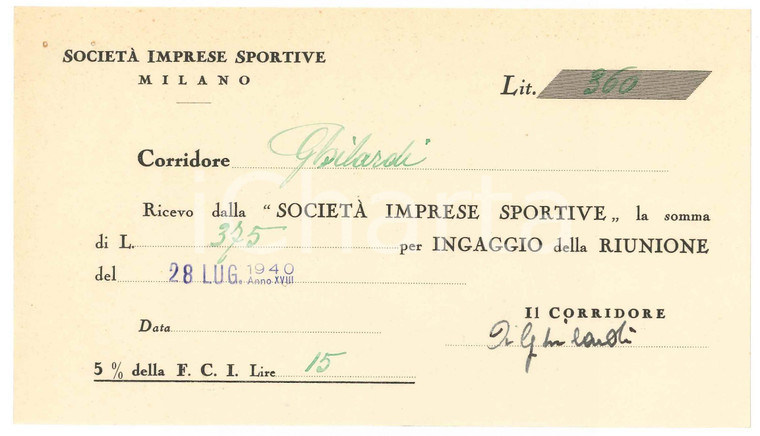 1940 CICLISMO MILANO Ricevuta Alberto GHILARDI - Ingaggio VIGORELLI - AUTOGRAFO