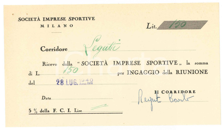 1940 CICLISMO MILANO Ricevuta Carlo LEGUTTI - Ingaggio VIGORELLI - AUTOGRAFO