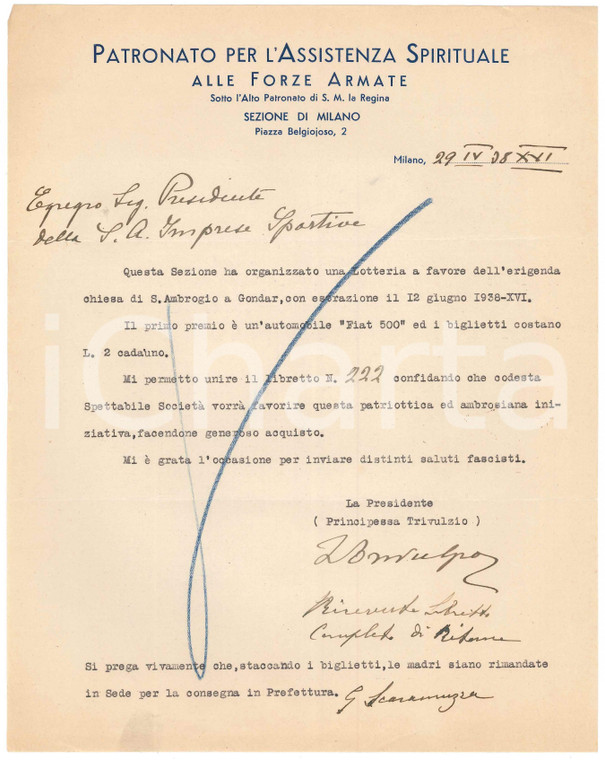 1938 MILANO Patronato Forze Armate - Lettera Principessa TRIVULZIO *Autografo