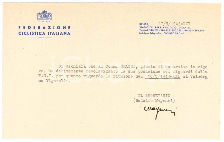 1943 ROMA Federazione Ciclistica Italiana FCI - CONI Comunicazione VIGORELLI