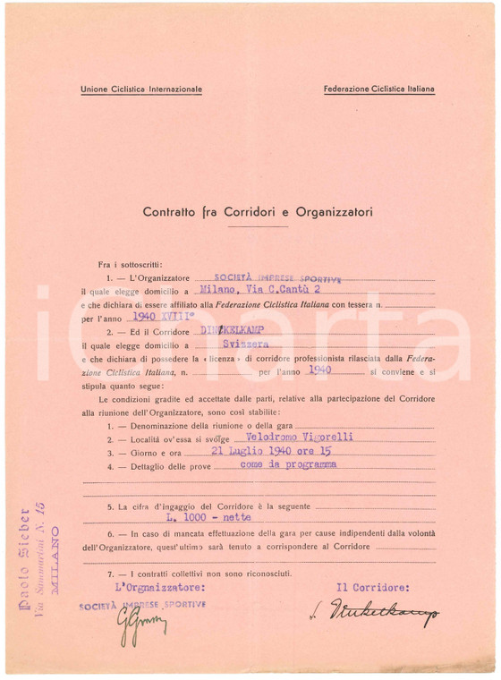 1940 CICLISMO MILANO Vigorelli - Contratto gara Josef DINKELKAMP - Autografo