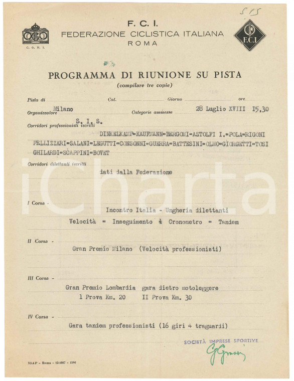 1938 CICLISMO MILANO Vigorelli - Programma Gran Premio - Riunione su pista