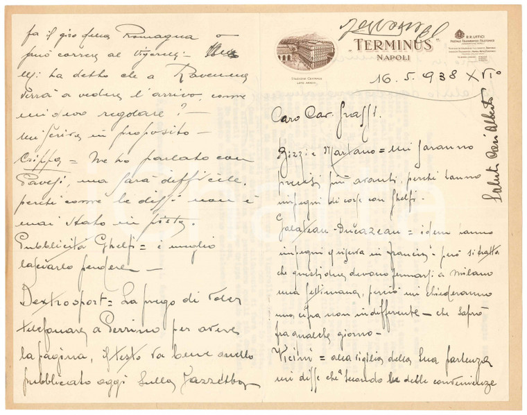 1938 CICLISMO NAPOLI Lettera Antonio GAVIRATI per ingaggio ciclisti - AUTOGRAFO