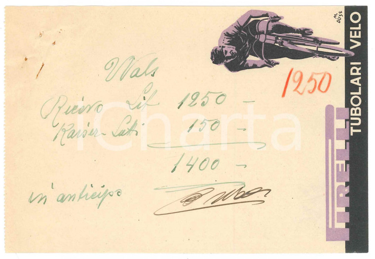 1940 CICLISMO Autografo Cor WALS su ricevuta PIRELLI tubolari velo