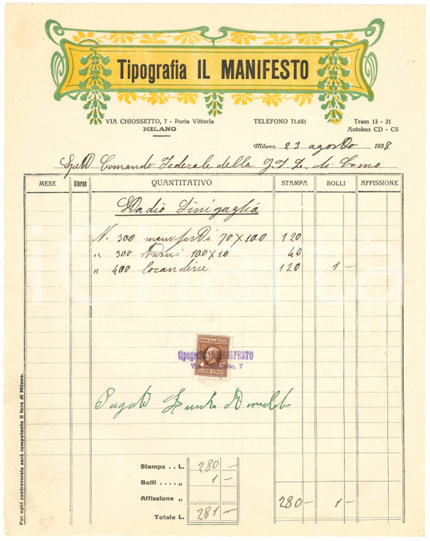 1938 MILANO Tipografia IL MANIFESTO - Fattura manifesti Stadio Sinigaglia COMO