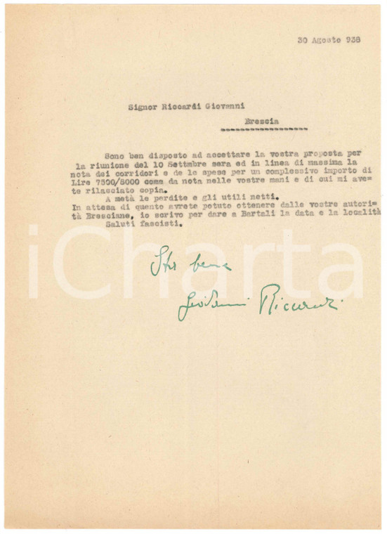 1938 CICLISMO BRESCIA Lettera per gara Bartali - Autografo Gino RICCARDI manager