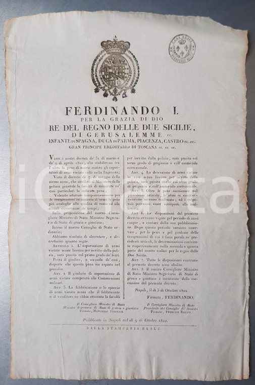 1822 NAPOLI Regno delle Due Sicilie - Fabbricazione e spaccio di armi vietate