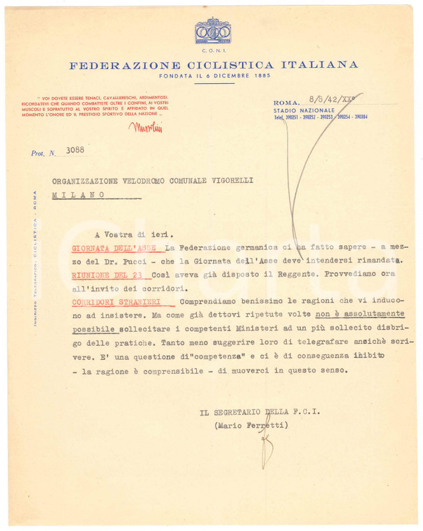 1942 CICLISMO ROMA CONI - Lettera Mario FERRETTI su Giornata dell'Asse