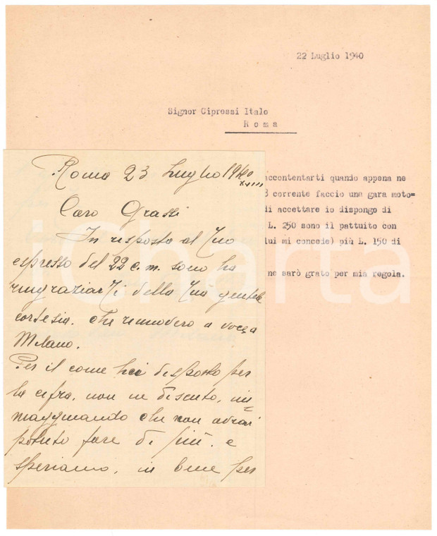 1940 CICLISMO ROMA Lettera Italo CIPRESSI per ingaggio *AUTOGRAFO