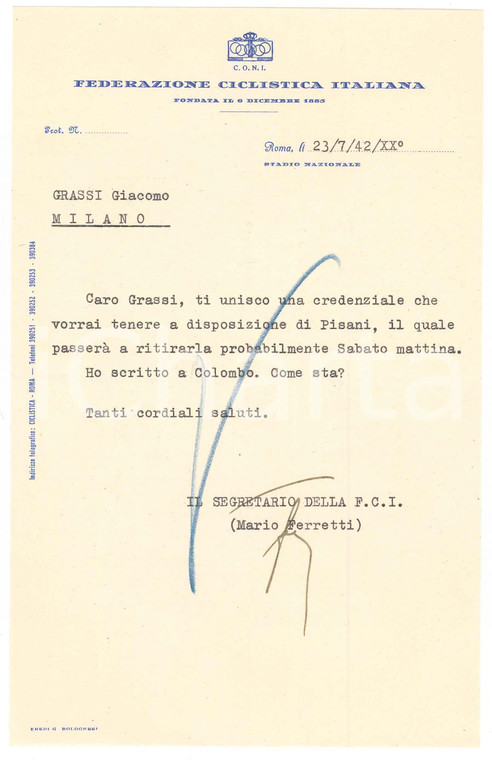 1942 CICLISMO ROMA CONI Lettera Mario FERRETTI per credenziale
