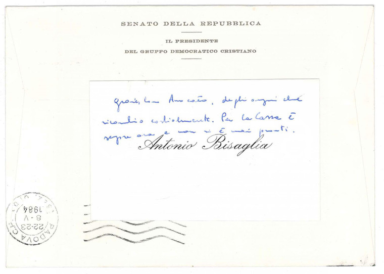 1984 ROMA Biglietto Antonio BISAGLIA - Senato della Repubblica *AUTOGRAFO
