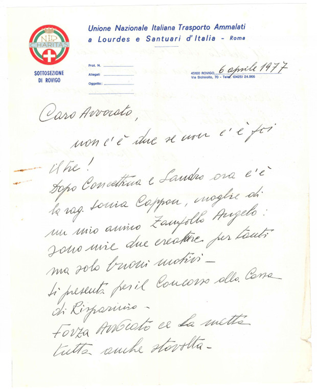 1977 ROVIGO Don Mario BISAGLIA - Lettera di raccomandazione *Autografo