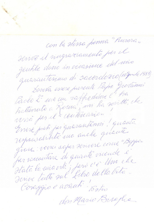 1983 ROVIGO Don Mario BISAGLIA ringrazia per un dono ricevuto  - Autografo