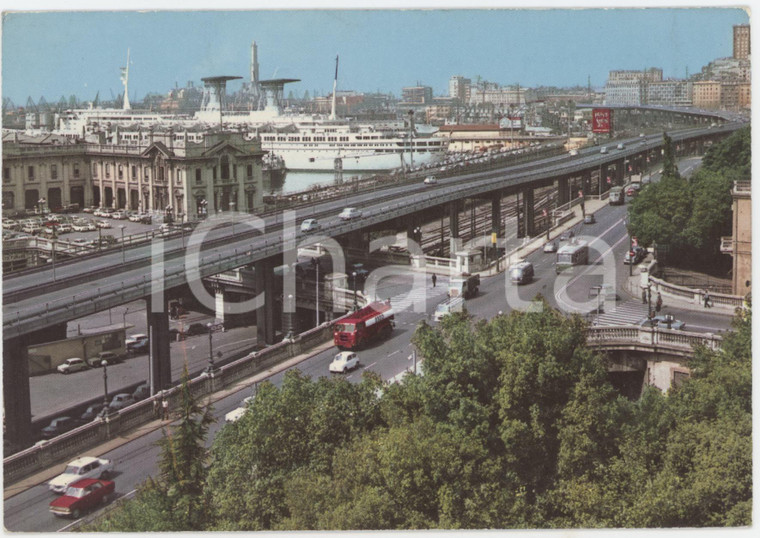 1960 ca GENOVA Stazione Marittima e Sopraelevata Aldo Moro - Cartolina ANIMATA