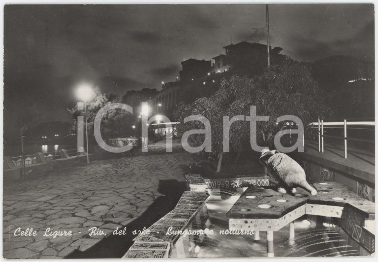 1969 CELLE LIGURE Lungomare di notte - Fontana con anfora - Cartolina FG VG