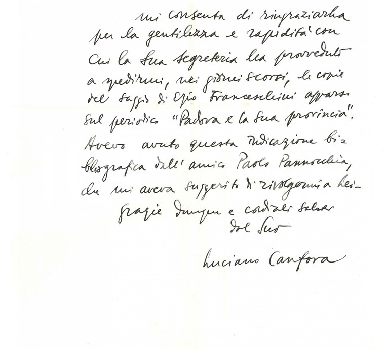 1983 SIUSI Luciano CANFORA ringrazia per saggio di Ezio Franceschini *Autografo