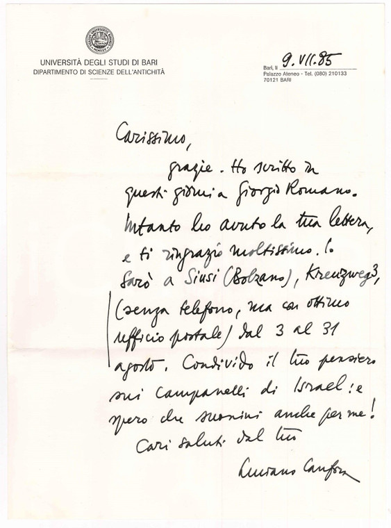 1985 BARI Lettera Luciano CANFORA in partenza per Siusi *Autografo