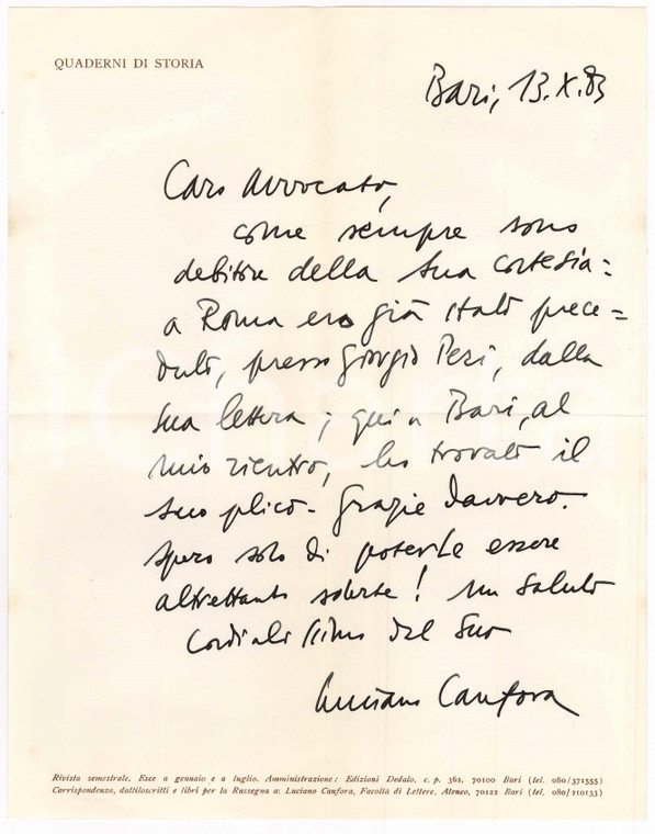 1983 BARI Luciano CANFORA - Ringraziamenti a un amico *AUTOGRAFO