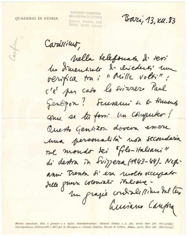 1983 BARI Lettera Luciano CANFORA - Ricerche su Paul Gentizon *AUTOGRAFO