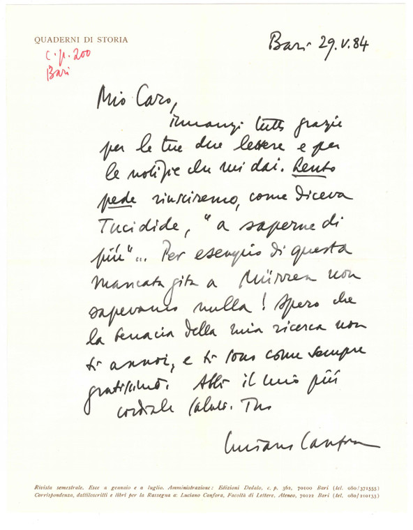 1984 BARI Lettera Luciano CANFORA - Mancata gita a Murren - Autografo