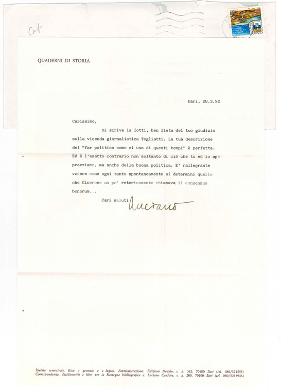 1992 BARI Lettera Luciano CANFORA sul consenso di Nilde Iotti *AUTOGRAFO