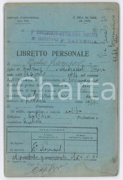 1934 REGIO ESERCITO BORGOMANERO Artiglieria - Libretto personale Francesco DULIO