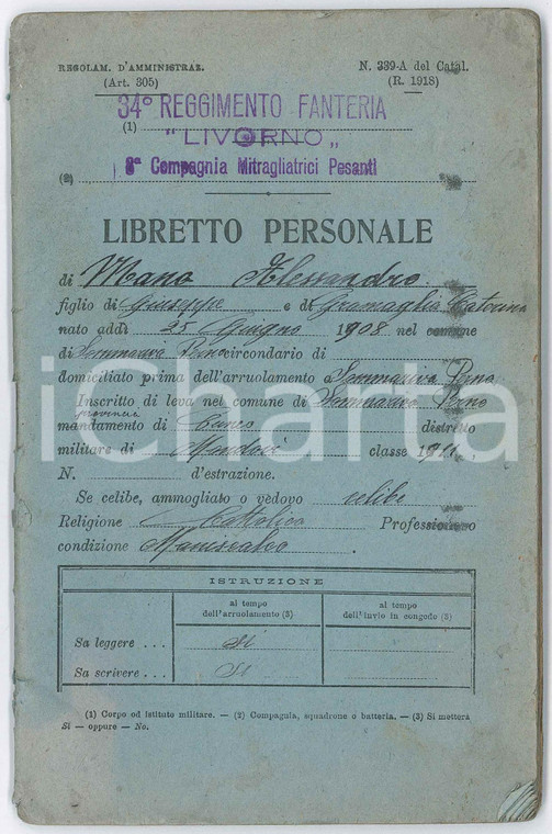 1931 REGIO ESERCITO 34° Regg. Fanteria LIVORNO - Libretto Alessandro MANO