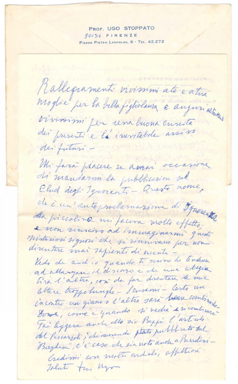 1968 FIRENZE Lettera Ugo STOPPATO sul proprio albero genealogico *AUTOGRAFO