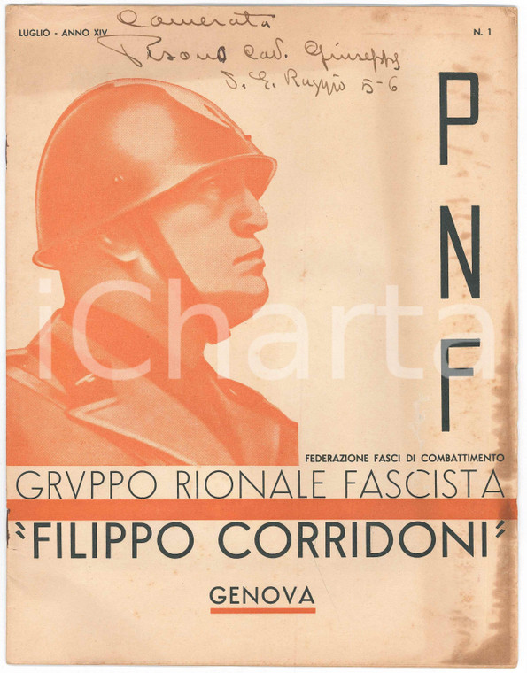 1936 PNF GENOVA Gruppo Rionale Fascista CORRIDONI *Rivista n° 1 ILLUSTRATA