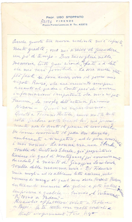 1968 FIRENZE Lettera prof. Ugo STOPPATO sul ricordo del padre Lorenzo ^AUTOGRAFO