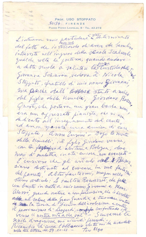 1969 FIRENZE Lettera Ugo STOPPATO su poesie e curiosità di Padova - AUTOGRAFO