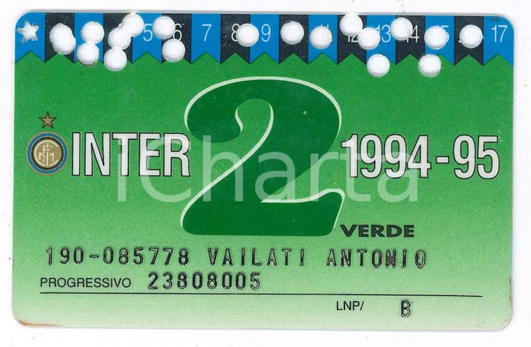 1994/1995 MILANO Stadio San Siro INTER Tessera del tifoso 2 verde - 8x5 cm