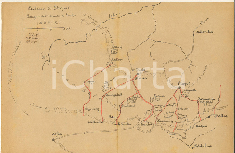 1893 SCUOLA DI GUERRA Guerra russo-turca - ETROPOLE Passaggio armata GURKO Mappa