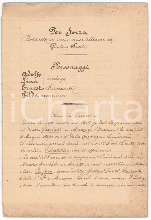 1900 ca TEATRO Gustavo SAETTI "Per forza" - Bozzetto INEDITO 20 pp.