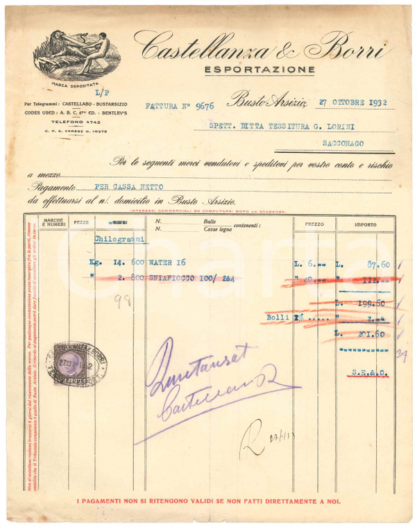 1932 BUSTO ARSIZIO Esportazione CASTELLANZA E BORRI Fattura per sniafiocco 21x27