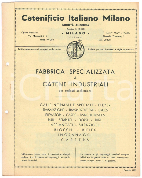 1935 MILANO CATENIFICIO ITALIANO - Fabbrica catene industriali - Pubblicazione