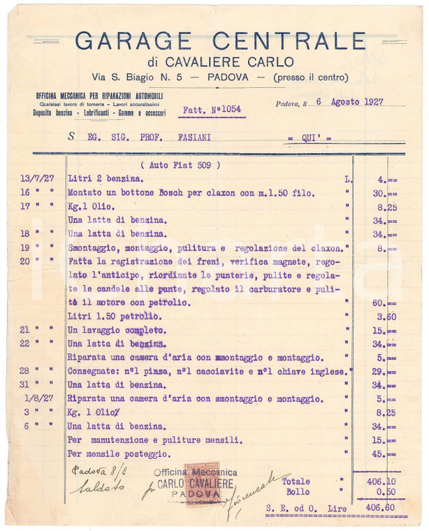 1927 PADOVA Via S. Biagio - GARAGE CENTRALE Carlo CAVALIERE - Fattura FIAT 509