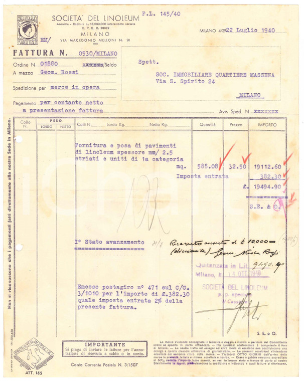 1940 MILANO Via Macedonio Melloni 28 - Società del Linoleum *Fattura