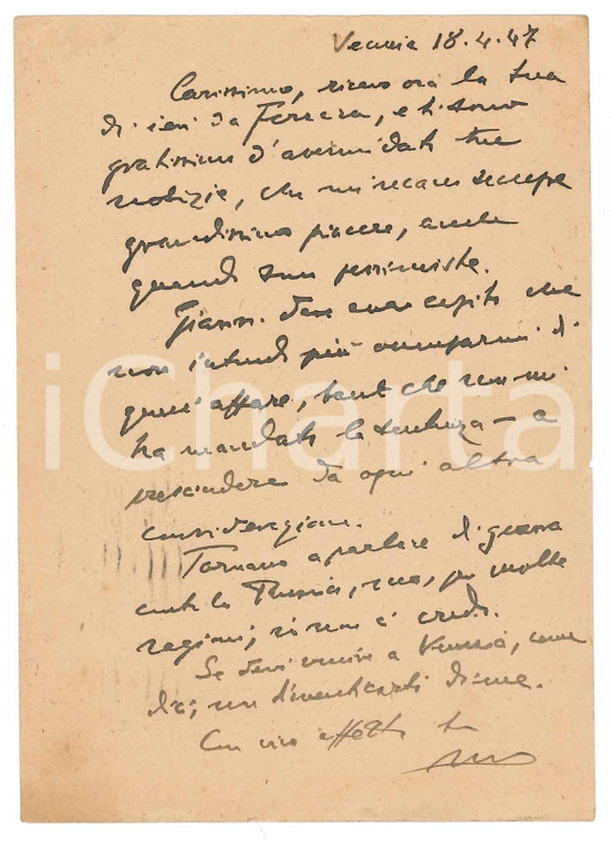 1947 VENEZIA Vincenzo MANZINI a un collega avvocato - Autografo