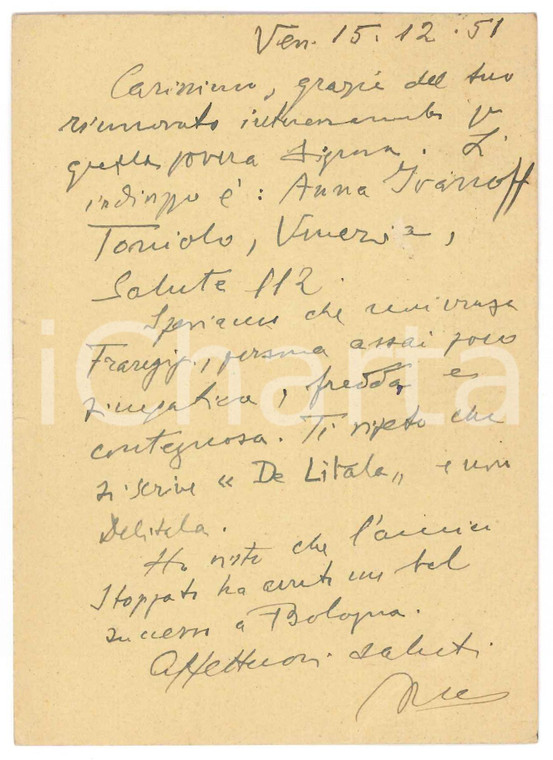 1951 VENEZIA Cartolina Vincenzo MANZINI sui colleghi  - Autografo