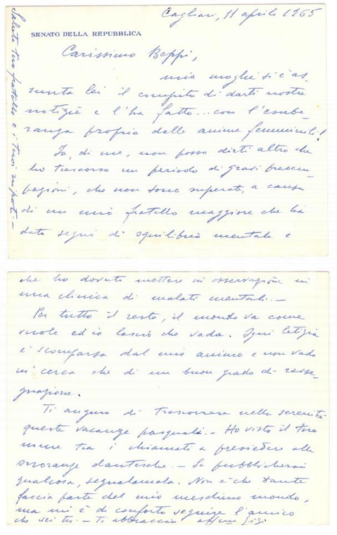 1965 CAGLIARI Biglietto Luigi CRESPELLANI - Senatore della Repubblica *Autografo