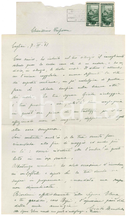 1951 CAGLIARI Francesca MUNDULA - Condoglianze a un amico *Autografo