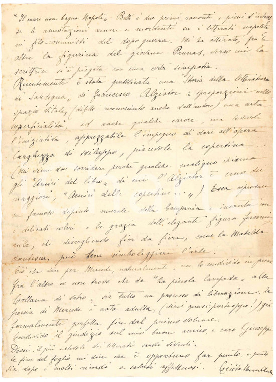 1954 CAGLIARI Francesca MUNDULA critica Francesco ALZIATOR *Autografo