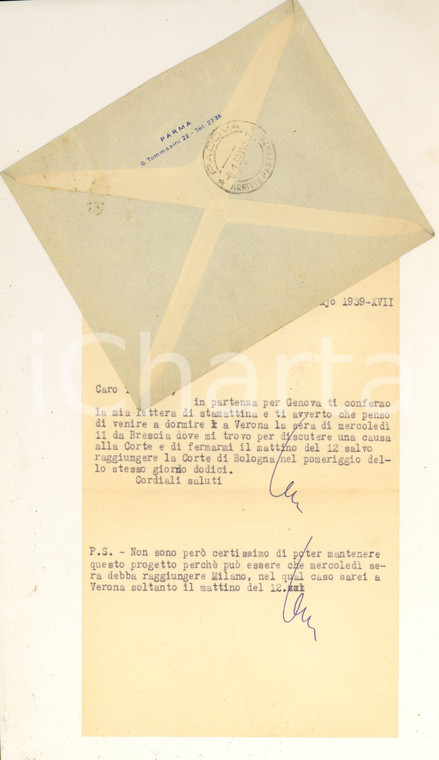1939 PARMA Lettera Aurelio CANDIAN - Visita a Verona - Autografo