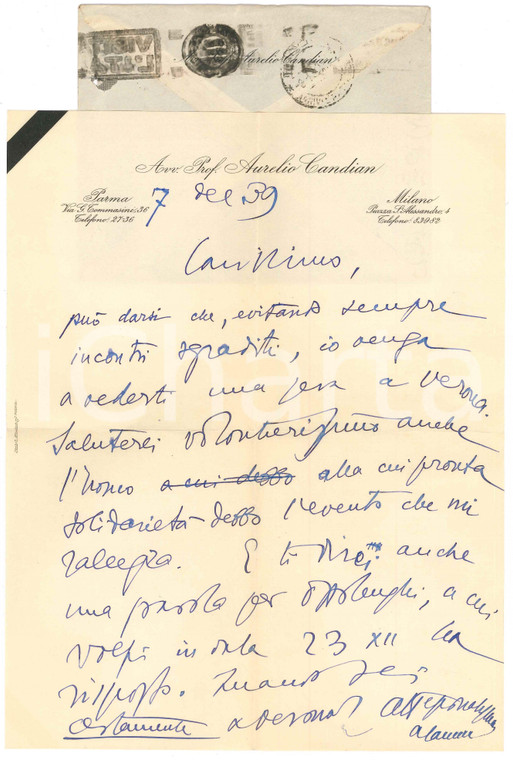 1939 PARMA Lettera Aurelio CANDIAN per appuntamento a Verona *Autografo